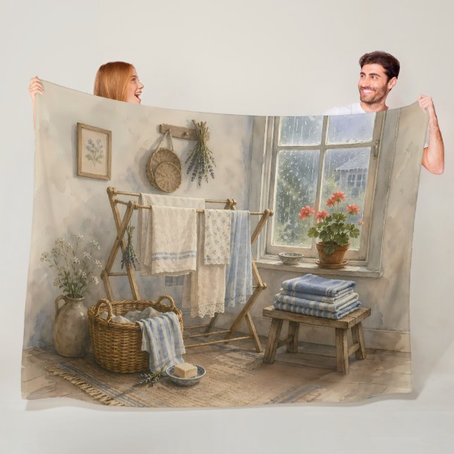 Rainy Day Cottage Laundry Room Fleece Blanket (In Situ)