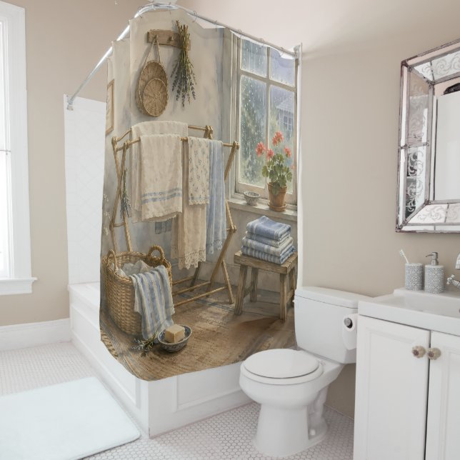 Rainy Day Cottage Laundry Room Shower Curtain (In Situ)