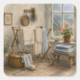 Rainy Day Cottage Laundry Room Square Sticker