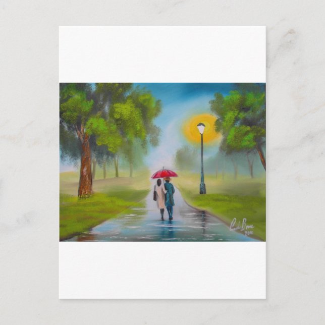 RAINY DAY COUPLE UMBRELLA PAINTING POSTCARD (Front)