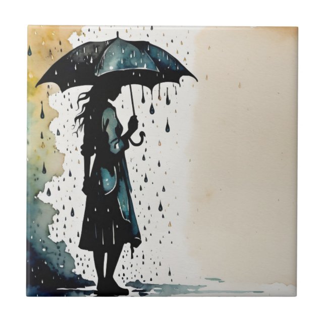 Rainy Day Elegance - Woman in the Rain Ceramic Tile (Front)