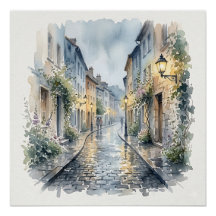 Rainy Day European Cobblestone Street Watercolor