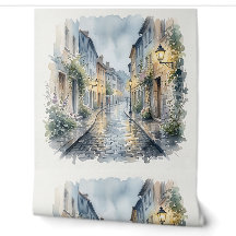 Rainy Day European Cobblestone Street Watercolor