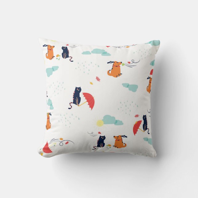 Rainy Day Friends: Cat Dog Vintage Throw Pillow (Front)