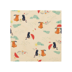 Rainy Day Friends: Cat Dog Vintage Wood Wall Art