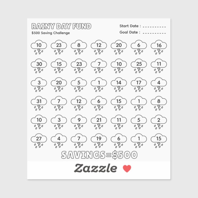 Rainy Day Fund 500$ Savings Challenge Budget Plan Sticker (Sheet)
