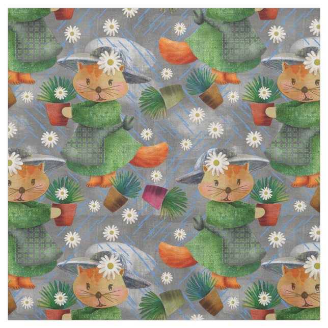 Rainy Day Ginger Cat Daisies Pattern Fabric (Swatch)