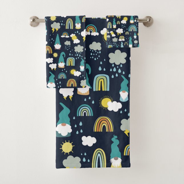 Rainy Day Gnomes Rainbow Kids Bath Towel Set (Insitu)
