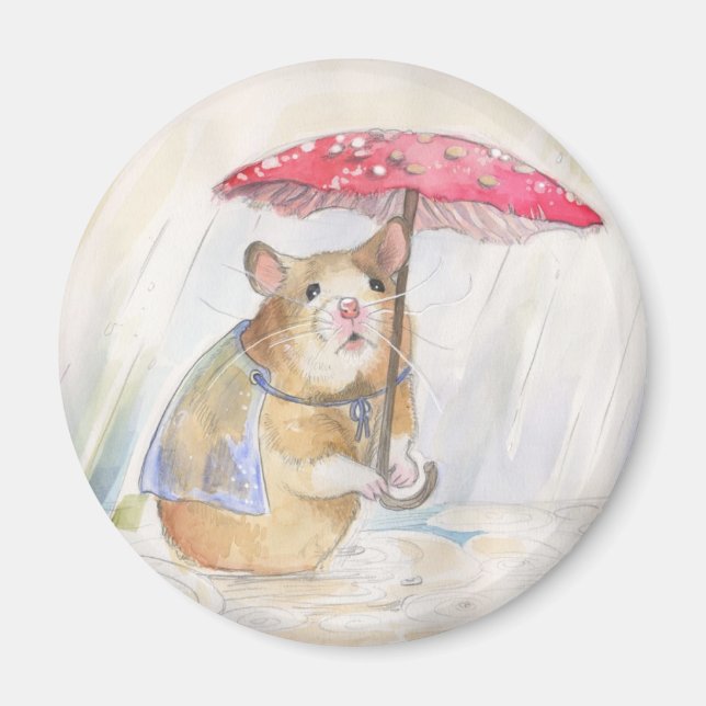 Rainy Day - Hamster with funny Mushroom Umbrella Magnet (Front)