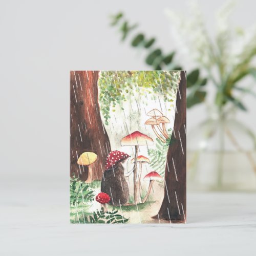 Rainy Day Hedgehog And Toadstool Illustration Cute Postcard