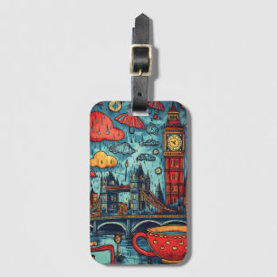  Rainy Day in London, Colorful Doodle Illustration Luggage Tag