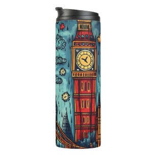 Rainy Day in London, Colorful Doodle Illustration Thermal Tumbler