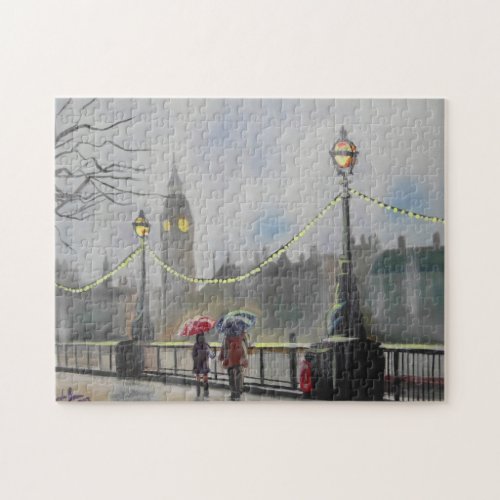Rainy day in London couple with an umbrella Jigsaw Puzzle