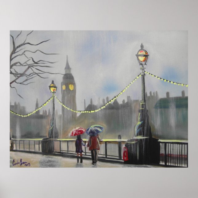 Rainy day in London couple with an umbrella Poster (Front)