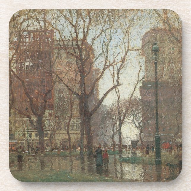 Rainy Day, Madison Square, New York, Paul Cornoyer Beverage Coaster (Front)