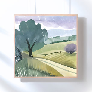 Rainy Day Nature Watercolor Hills Landscape Poster