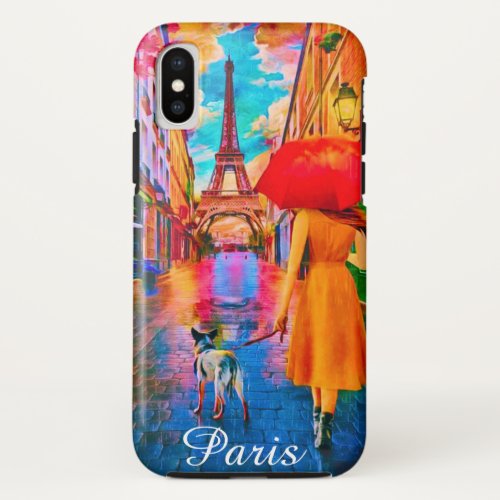 Rainy Day Paris With Eiffel tower girl  Dog iPhone X Case