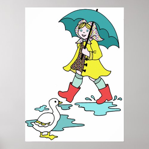 Rainy Day Red Galoshes with Duck  Umbrella Poster