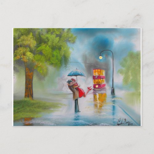 Rainy day red tram romantic couple umbrella postcard