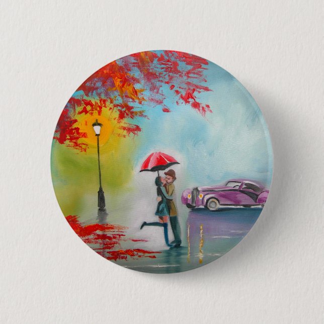 RAINY DAY RED UMBRELLA ROMANTIC COUPLE BUTTON (Front)