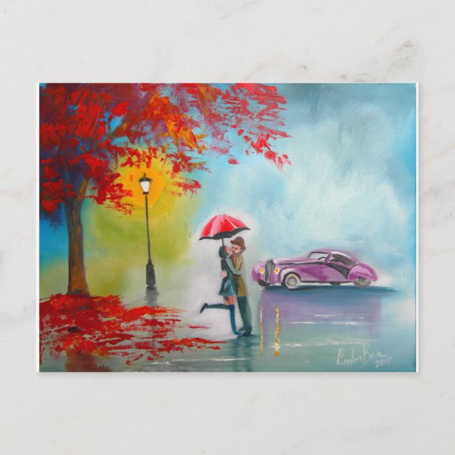 RAINY DAY RED UMBRELLA ROMANTIC COUPLE POSTCARD (Front)