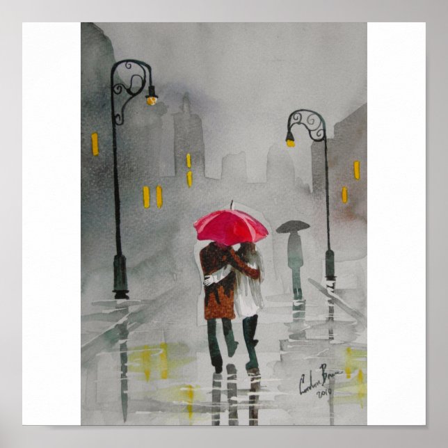 RAINY DAY RED UMBRELLA ROMANTIC COUPLE POSTER (Front)