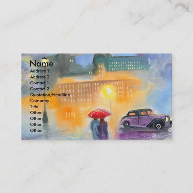 Rainy day red umbrella romantic couple walk business card (Front)