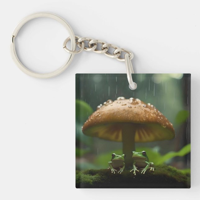 Rainy Day Refuge: Frogs Sheltering Under Mushroom Keychain (Front)