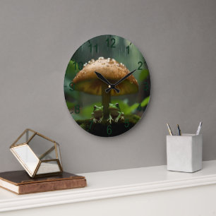 Rainy Day Refuge: Frogs Sheltering Under Mushroom Large Clock