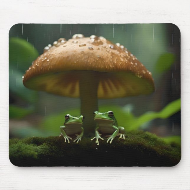 Rainy Day Refuge: Frogs Sheltering Under Mushroom Mouse Pad (Front)