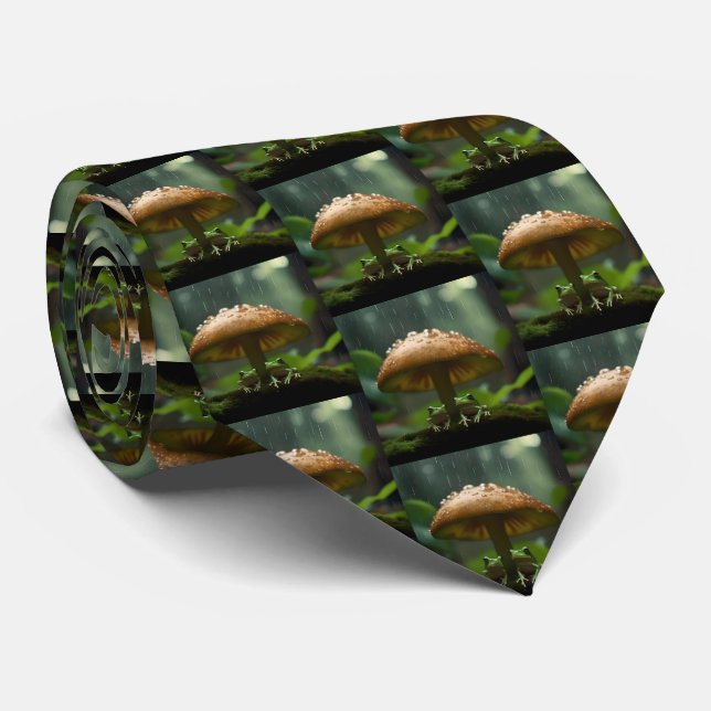 Rainy Day Refuge: Frogs Sheltering Under Mushroom Neck Tie (Rolled)
