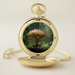 Rainy Day Refuge: Frogs Sheltering Under Mushroom Pocket Watch