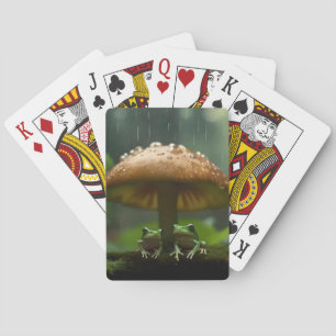 Rainy Day Refuge: Frogs Sheltering Under Mushroom Poker Cards
