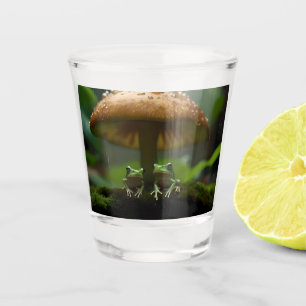 Rainy Day Refuge: Frogs Sheltering Under Mushroom Shot Glass