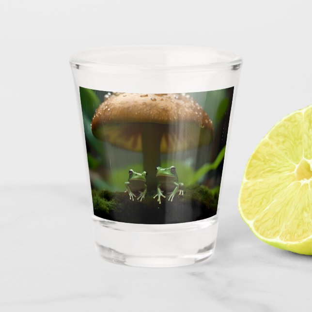 Rainy Day Refuge: Frogs Sheltering Under Mushroom Shot Glass (Front)