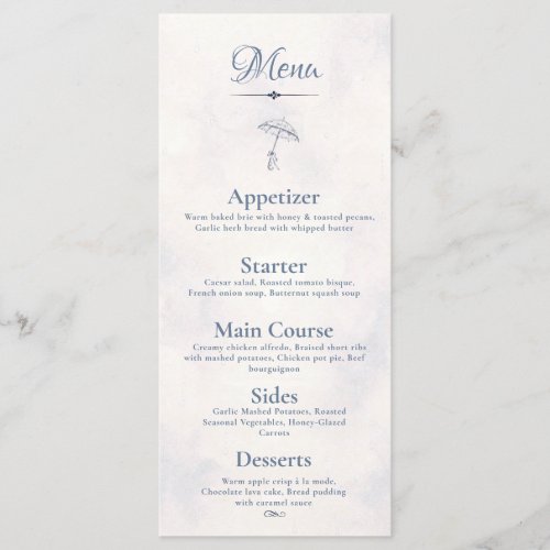 Rainy Day Romance Umbrella Blue Watercolor Menu