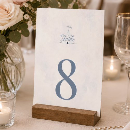 Rainy Day Romance Umbrella Blue Watercolor Table Number