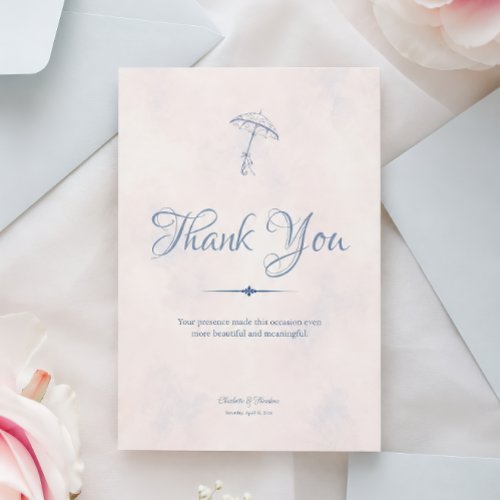 Rainy Day Romance Umbrella Blue Watercolor Wedding Thank You Card