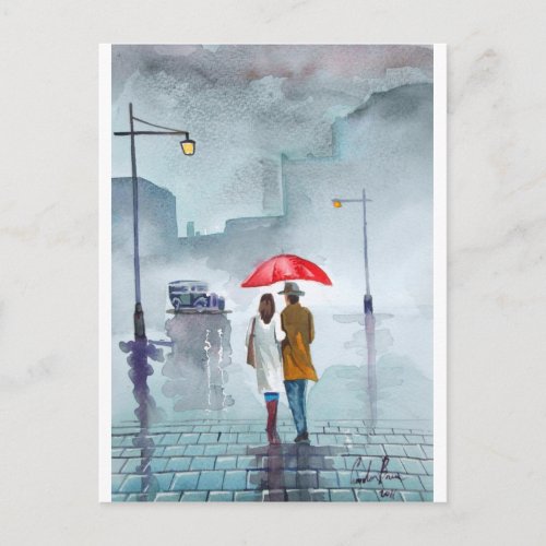 Rainy day romantic couple red umbrella painting postcard
