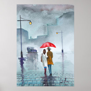 Rainy day romantic couple red umbrella painting poster