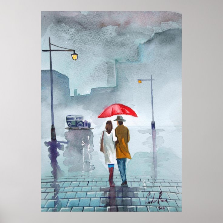 Rainy day romantic couple red umbrella painting poster | Zazzle