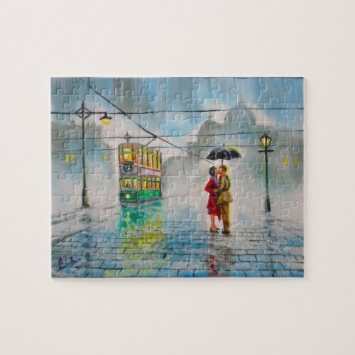 rainy day romantic couple umbrella tram painting jigsaw puzzle