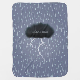 Rainy Day Thunder Cloud With Baby's Name Blue Baby Blanket