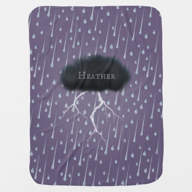 Rainy Day Thunder Cloud With Baby's Name Purple Baby Blanket (Front)