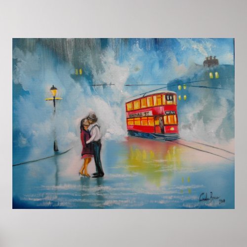 RAINY DAY UMBRELLA RED TRAM kissing couple Poster