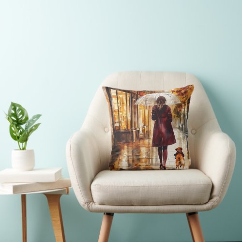 Rainy Day Walk Girl Dog Burgundy Jacket City Throw Pillow