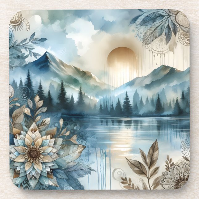 Rainy Day Watercolor Mountain Lake Rustic Boho Beverage Coaster (Front)