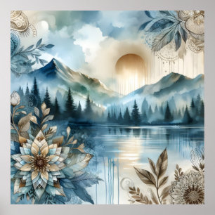 Rainy Day Watercolor Mountain Lake Rustic Boho Poster