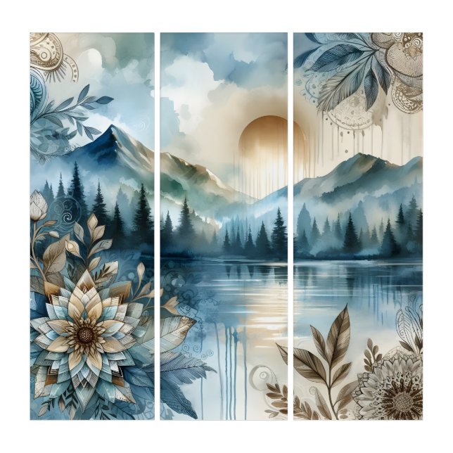 Rainy Day Watercolor Mountain Lake Rustic Boho Triptych (Front)