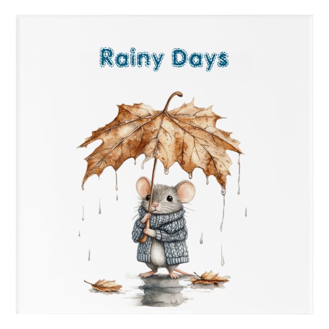 Rainy Days Blue Mouse Leaf Umbrella Cat Acrylic Print (Front)